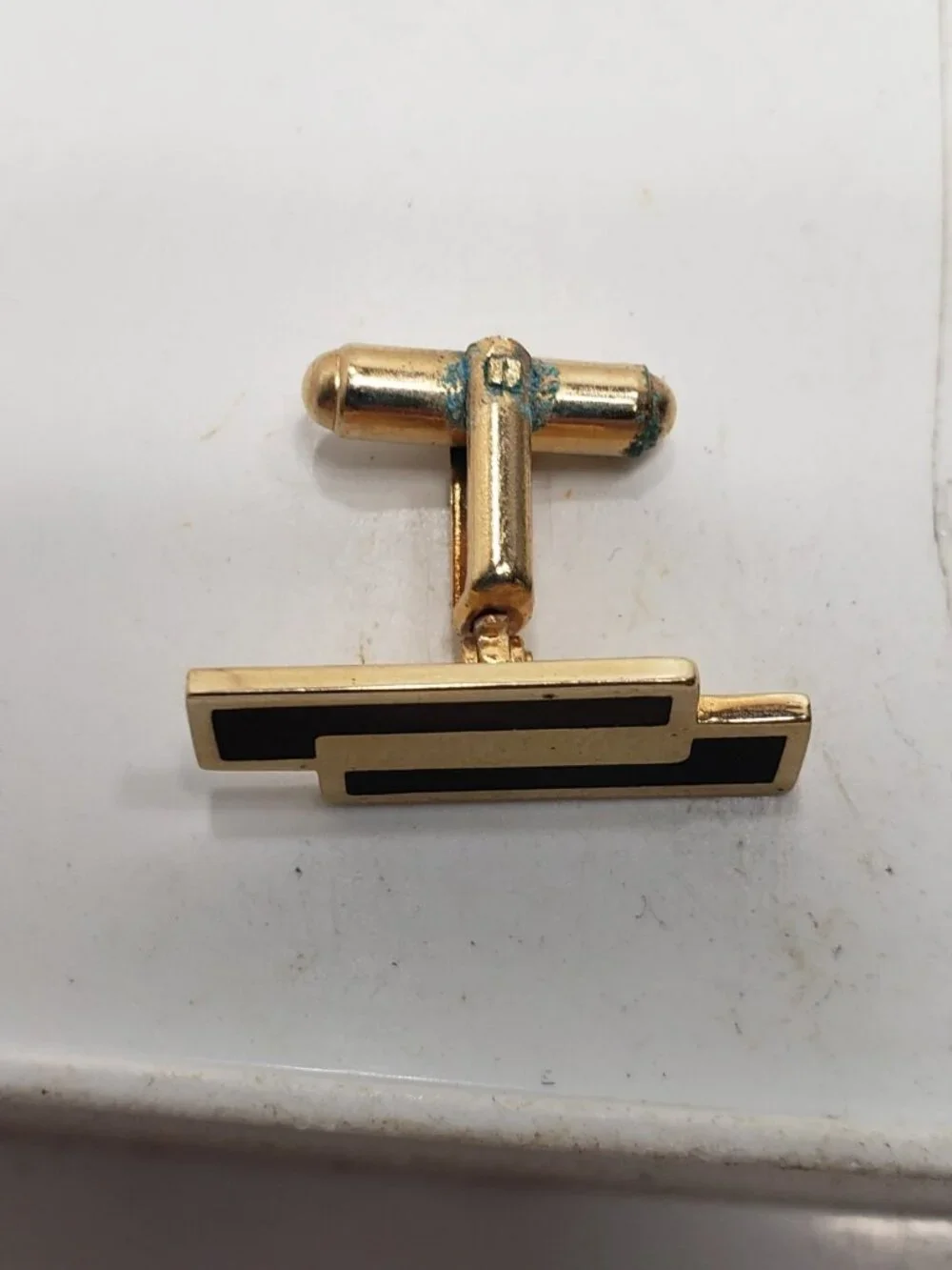 Vintage Gold Tone Black Brown Enamel Geometric Cufflinks Mens Formal